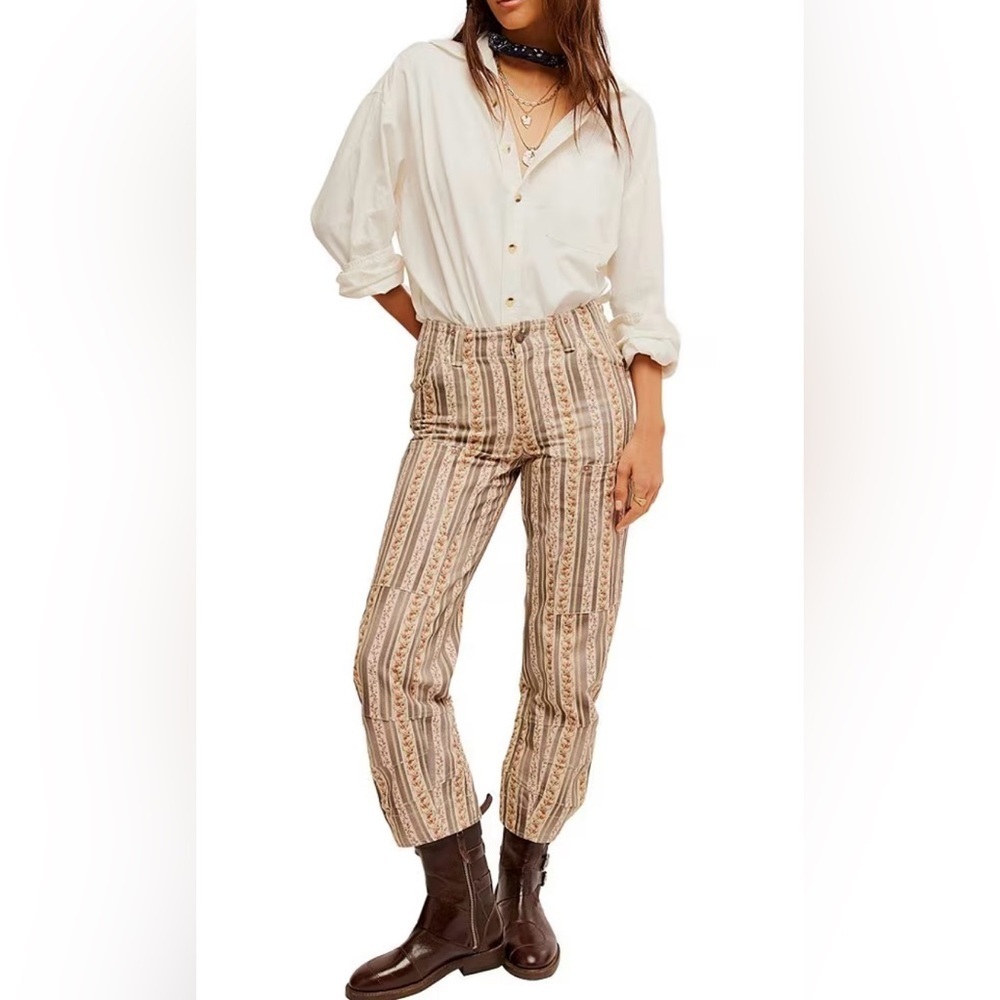 NWT Free People Super Sonic Stripe Print Low Rise Slim Utility Pants Size 10